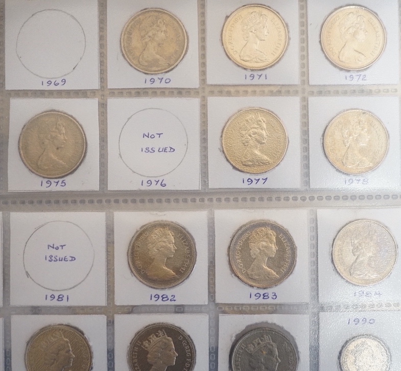 Seven albums of Queen Elizabeth II decimal coinage most brilliant UNC including scarce 50p coins, £2 coins etc (1 box)